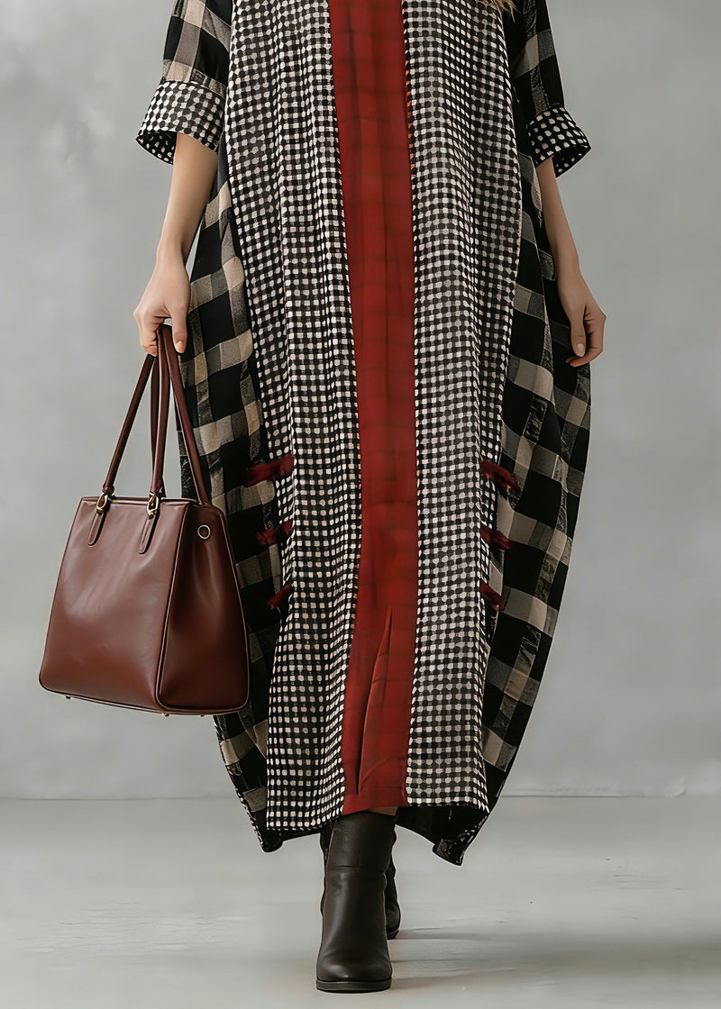 Black Plaid Autumn Loose Fitting V Neck Patchwork Traveling Clothing
