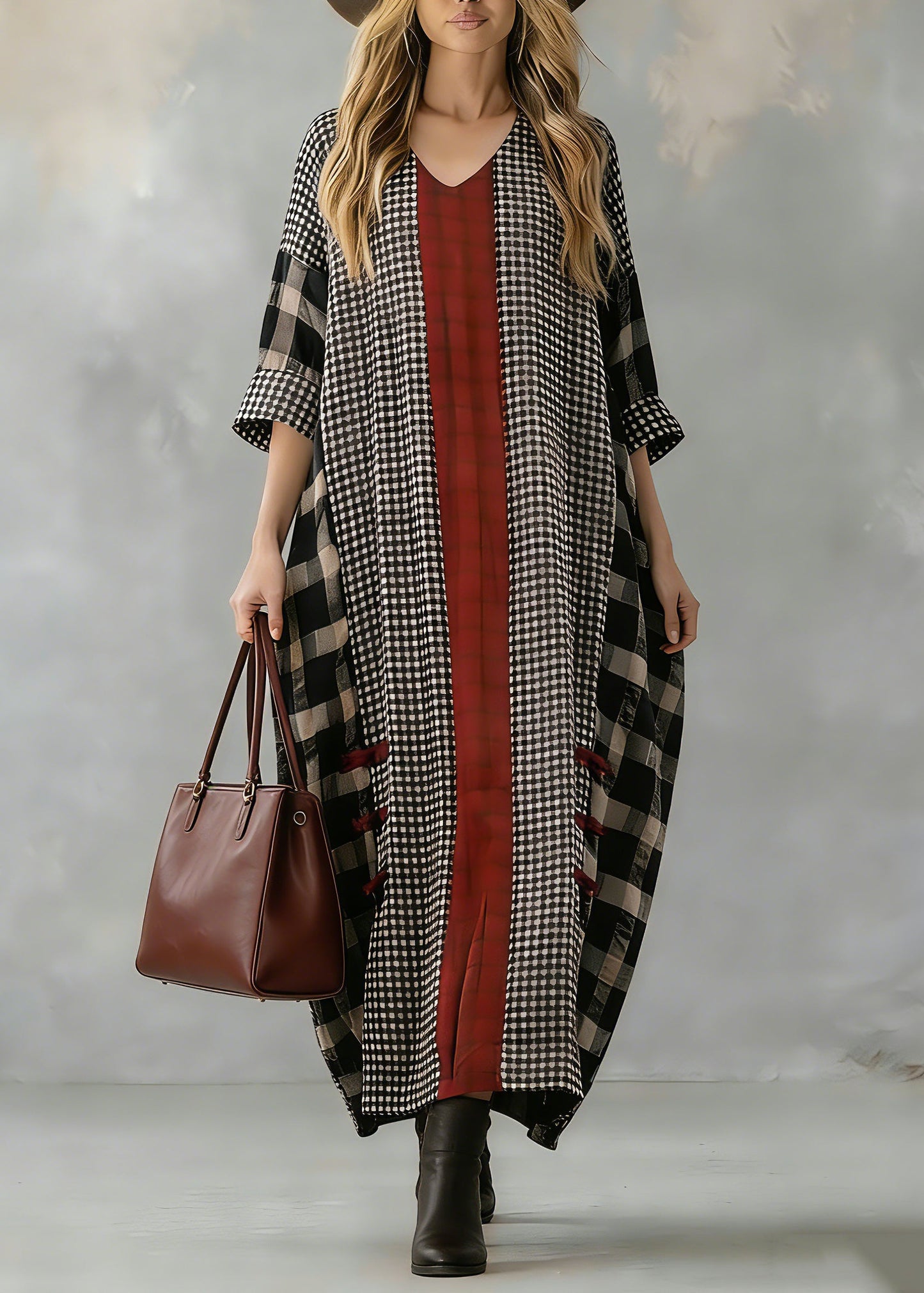 Black Plaid Autumn Loose Fitting V Neck Patchwork Traveling Clothing