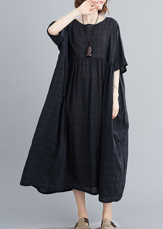 Black Plaid Loose Linen Dress Wrinkled Short Sleeve