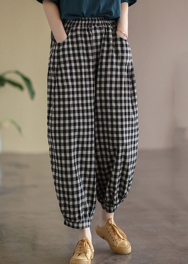Black Plaid Pockets Linen High Waist Crop Pants Summer
