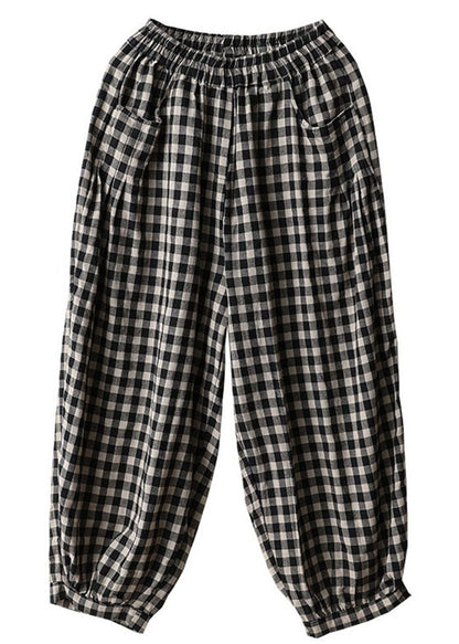 Black Plaid Pockets Linen High Waist Crop Pants Summer
