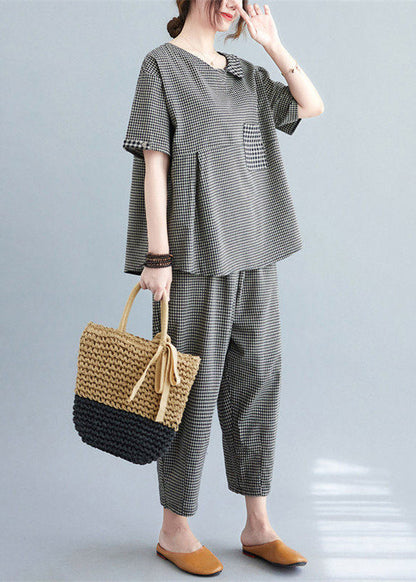 Black Plaid Wrinkled Patchwork T Shirt and Crop Pants Two Piece Set Short Sleeve
