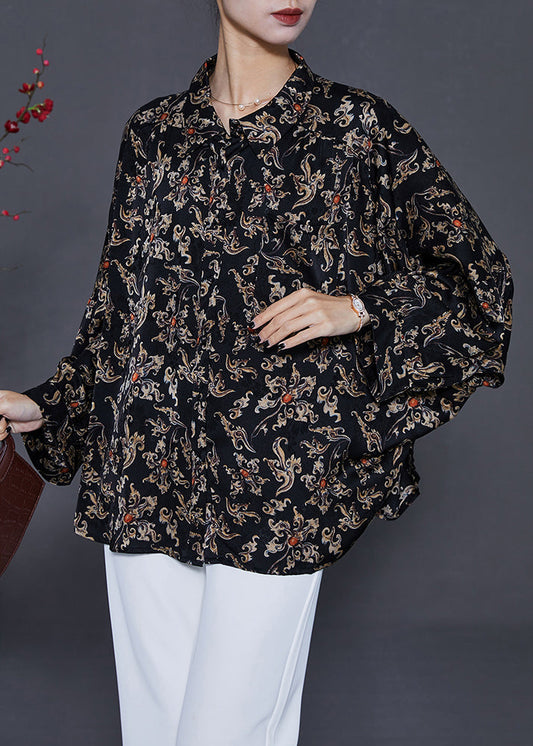 Black Print Chiffon Blouses Peter Pan Collar Summer