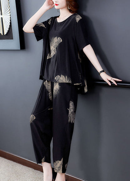 Black Print Patchwork Tops and Pants Cotton Two Pieces Set O-neck Summer