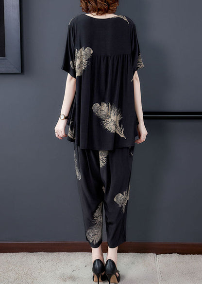 Black Print Patchwork Tops and Pants Cotton Two Pieces Set O-neck Summer