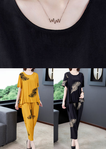 Black Print Patchwork Tops and Pants Cotton Two Pieces Set O-neck Summer