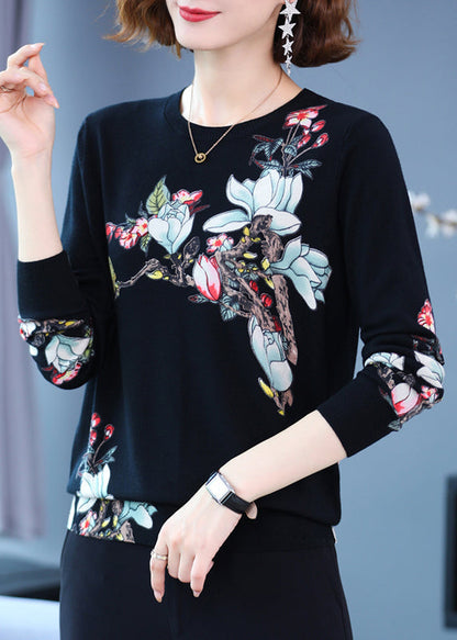 Black Print Woolen Knit Tops O Neck Spring