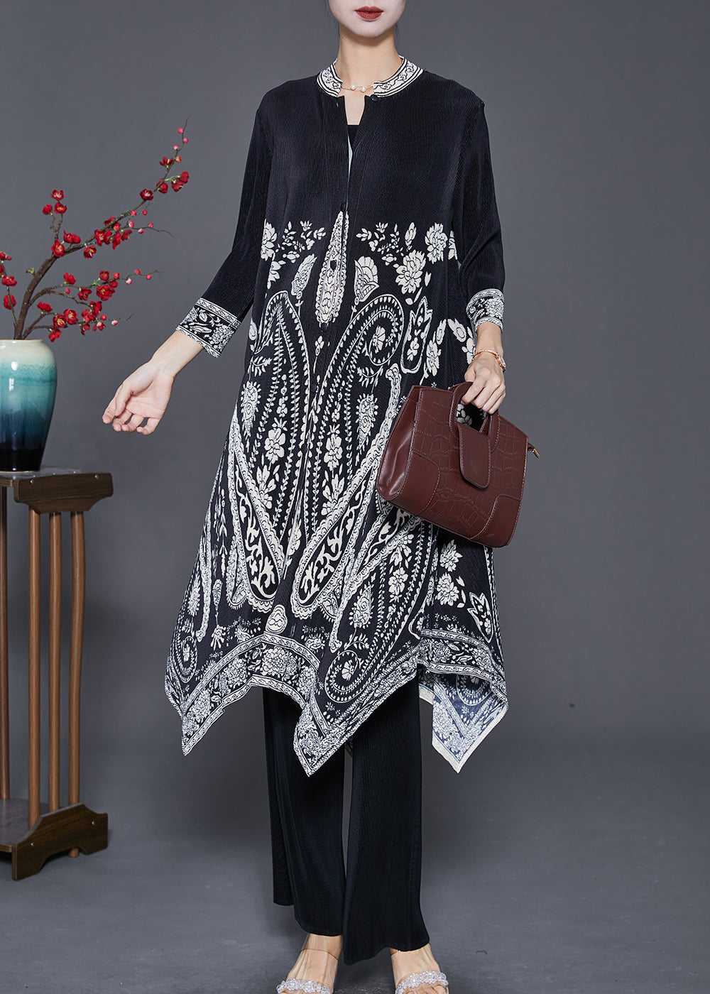 Black Print Silk Dress and Pant Two Piece Set Outfits Asymmetrical Fall