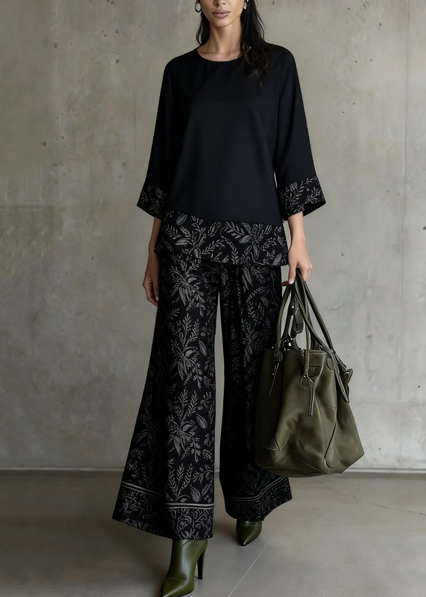 Black Print Tops and Wide Leg Pants Patchwork Silk Two Pieces Set O-neck Spring