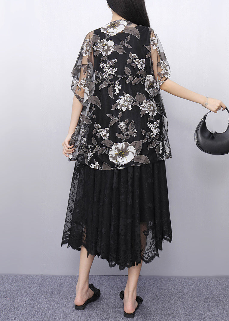 Black Print Tulle T Shirt and Long Dress Two Pieces Set Batwin Sleeve