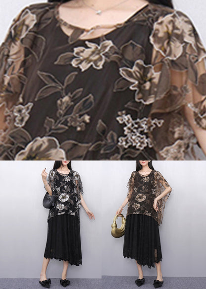 Black Print Tulle T Shirt and Long Dress Two Pieces Set Batwin Sleeve