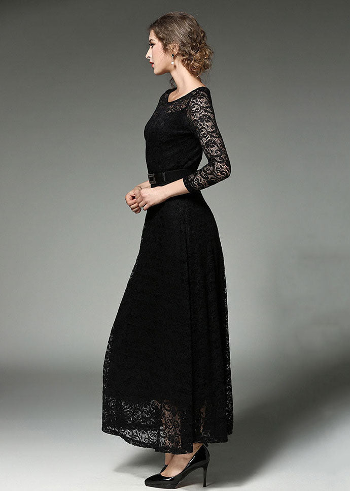 Black Sashes Patchwork Slim Fit Lace Long Dresses O-neck Bracelet Sleeve