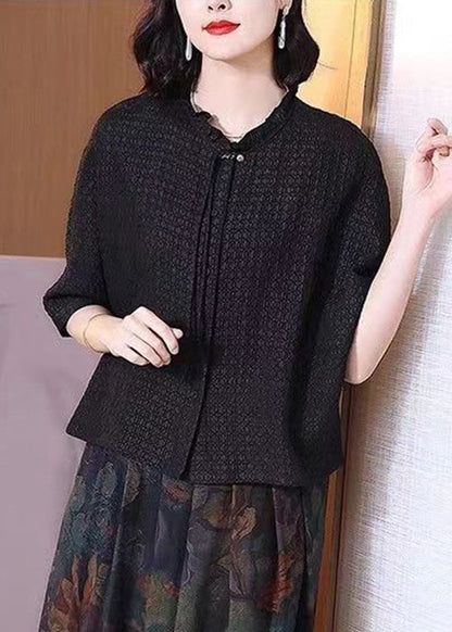 Black Button Silk Shirt O Neck Bracelet Sleeve