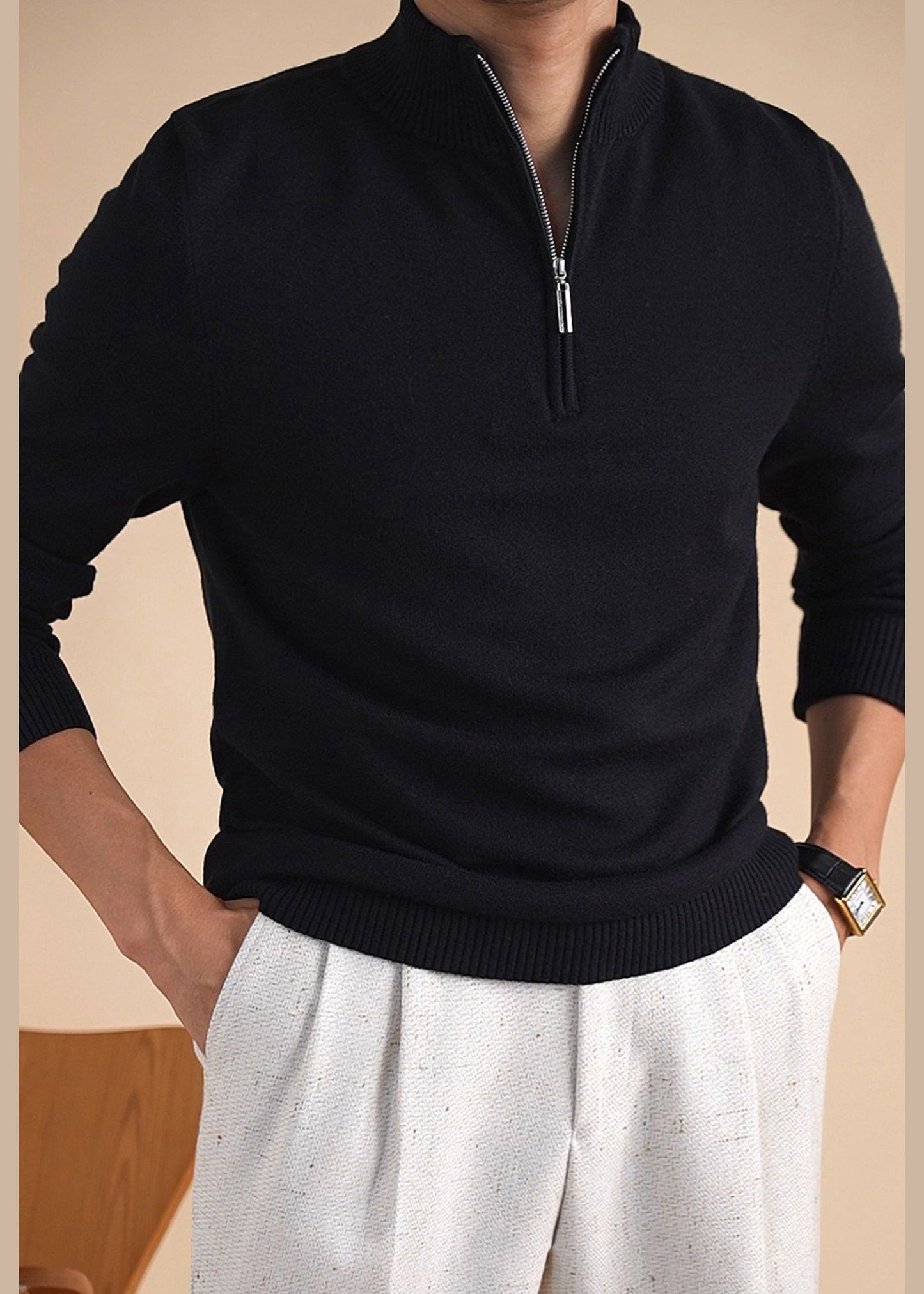 Black Cozy Knit Winter Sweater Tops Zip Up