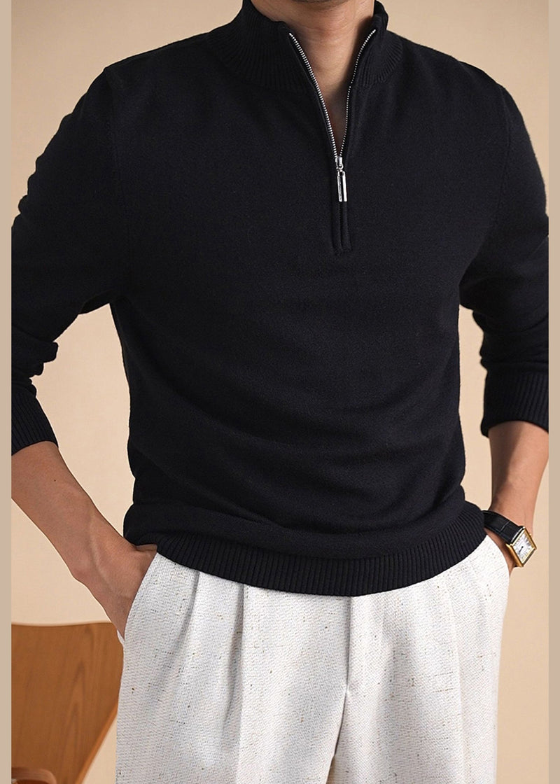 Black Cozy Knit Winter Sweater Tops Zip Up