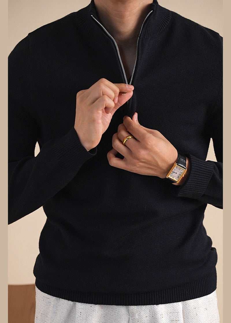 Black Cozy Knit Winter Sweater Tops Zip Up