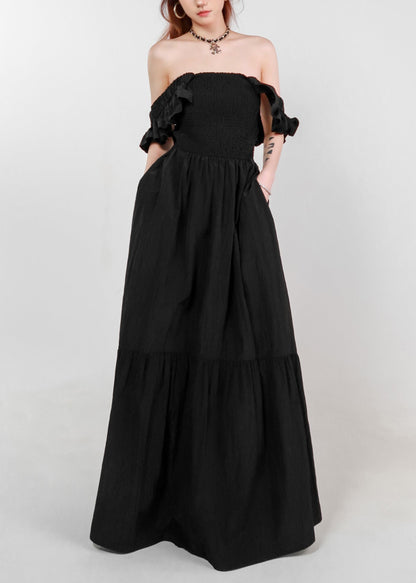 Black Pockets Cotton Dress Square Collar Butterfly Sleeve