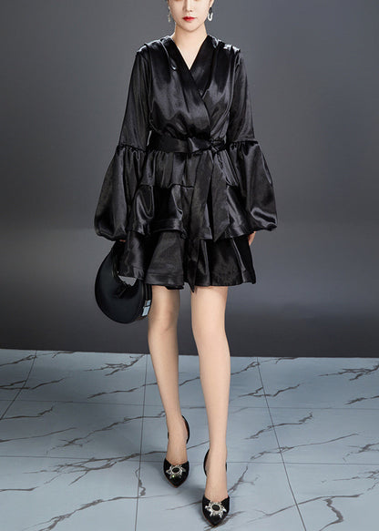 Black Silk Mid Dress V Neck Long Sleeve