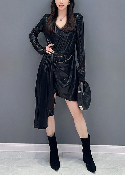 Black Wrinkled Cotton Mid Dress V Neck Spring
