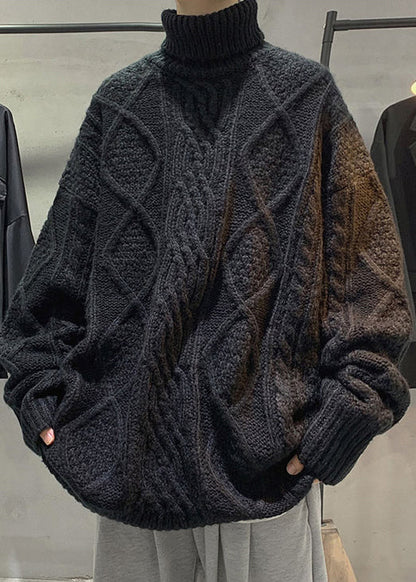 Black Thick Cable Knit Sweaters Turtleneck Winter