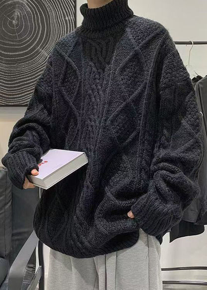 Black Thick Cable Knit Sweaters Turtleneck Winter