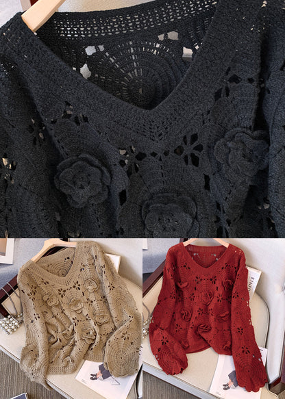 Black Three-dimensional Knit Pullover Hollow Out Fall