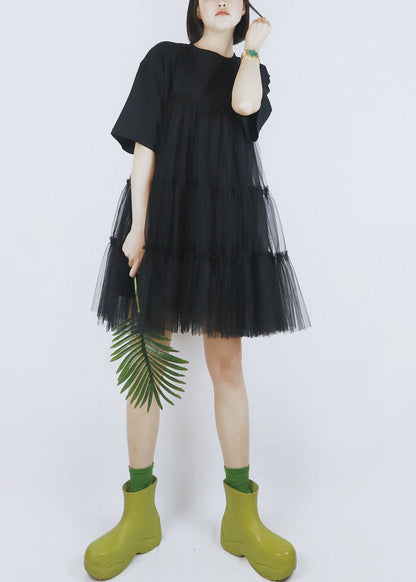 Black Tulle Patchwork Cotton a Line Dress O-neck Short Sleeve