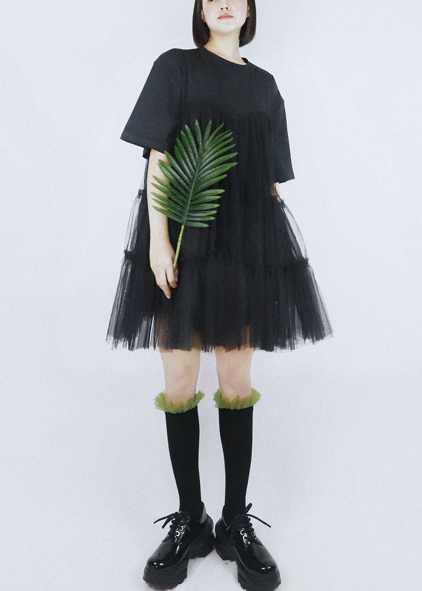 Black Tulle Patchwork Cotton a Line Dress O-neck Short Sleeve