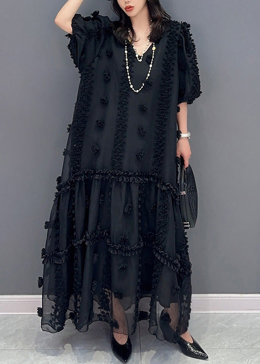 Black V Neck Tulle Maxi Dresses Short Sleeve
