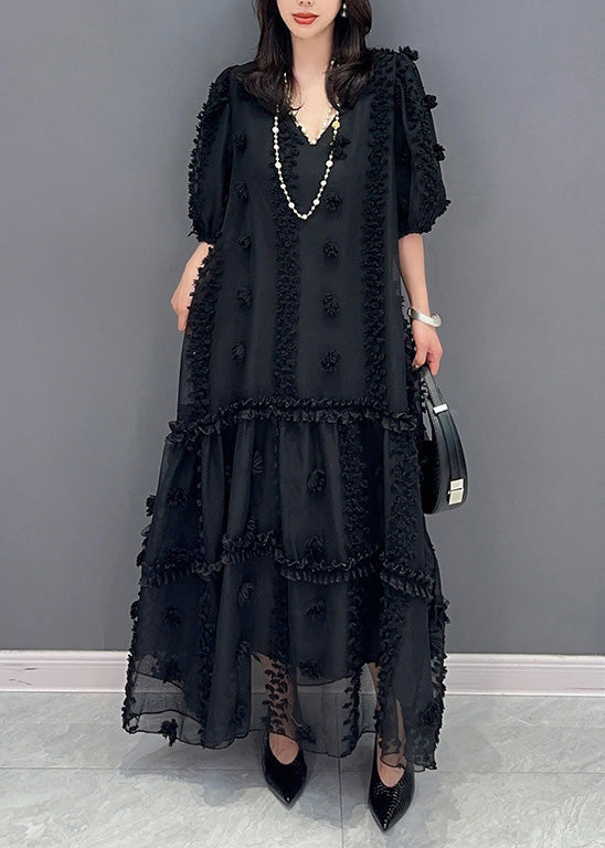 Black V Neck Tulle Maxi Dresses Short Sleeve