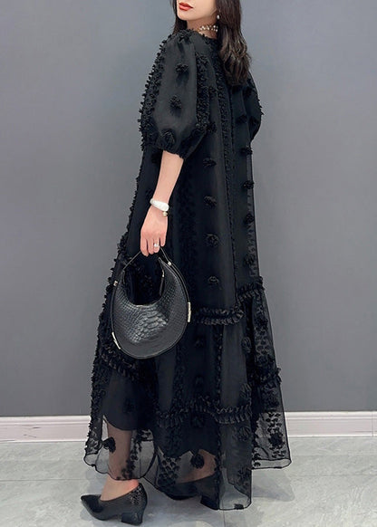Black V Neck Tulle Maxi Dresses Short Sleeve