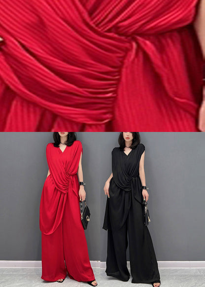 Black V Neck Wrinkled Pockets Silk Jumpsuits Pants Summer
