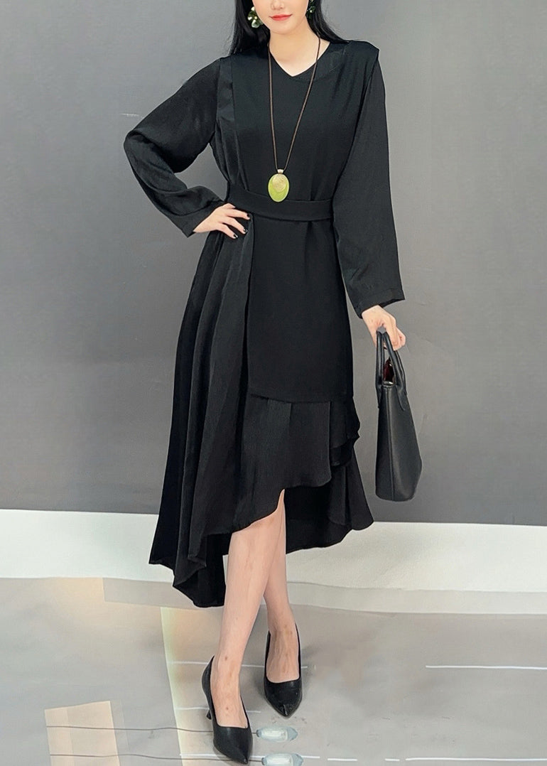 Black Waistcoat and Dresses Cotton Fall Two-piece Set O Neck