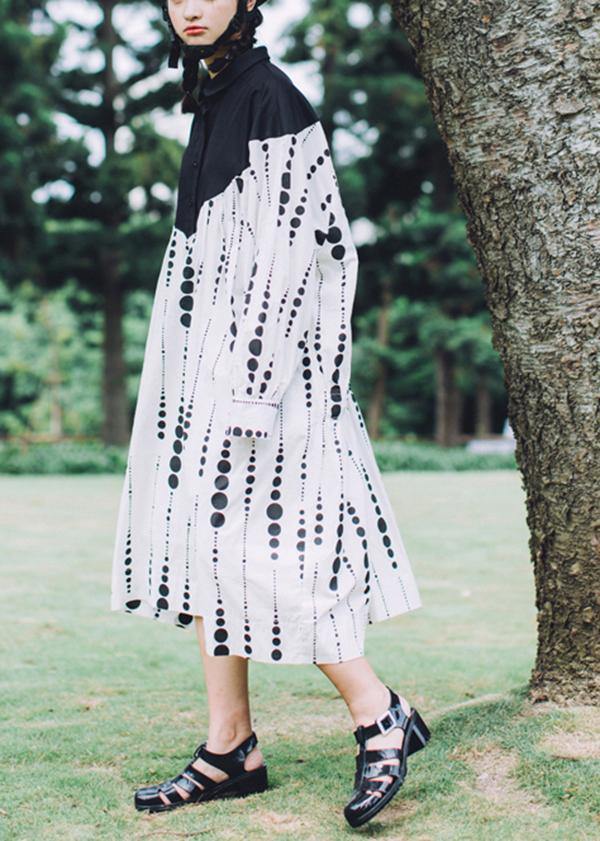 Black White Dot Circle Peter Pan Collar Cotton Long Sleeve Dress