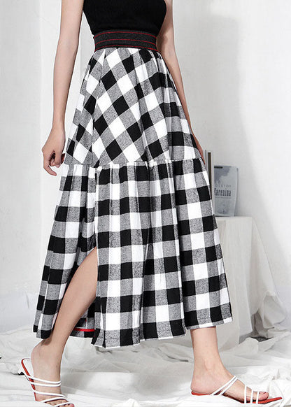 Black White Plaid Patchwork High Waist a Line Summer Skirts Cotton