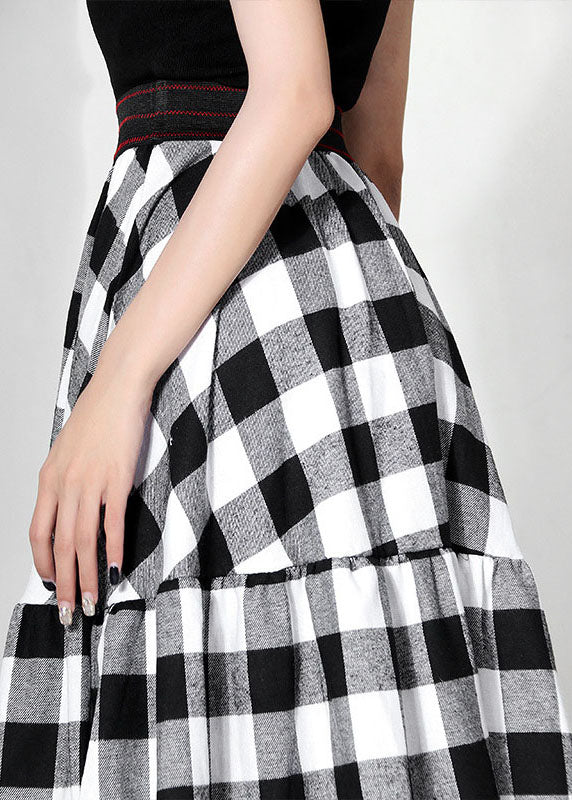 Black White Plaid Patchwork High Waist a Line Summer Skirts Cotton