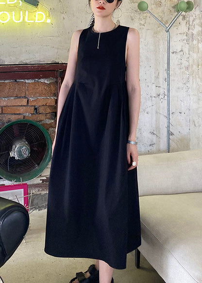 Black Wrinkled Patchwork Cotton a Line Dress O Neck Sleeveless