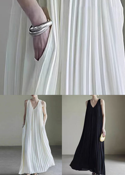 Black Wrinkled Pockets Chiffon Long Dresses V Neck Summer