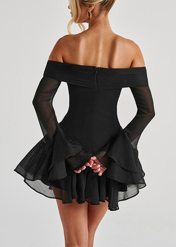 Black Zippered Cotton Mid Dresses Slash Neck Spring