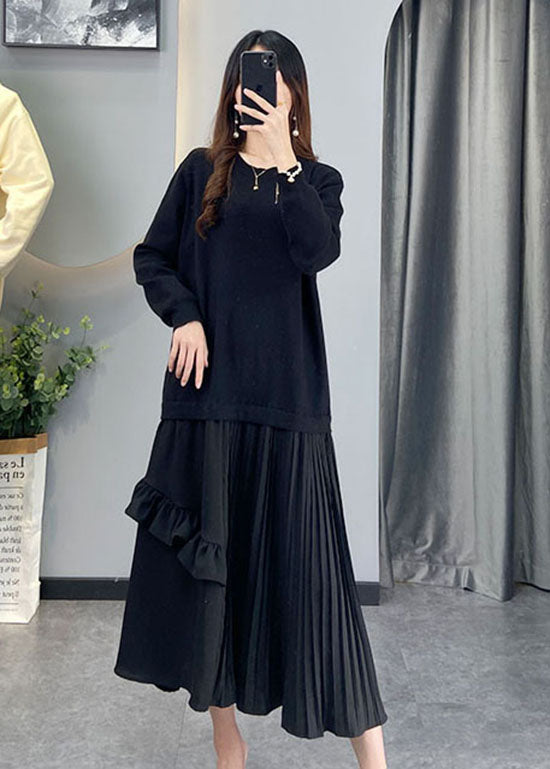 Black Wrinkled Patchwork Knit Vacation Dresses Winter