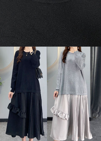 Black Wrinkled Patchwork Knit Vacation Dresses Winter