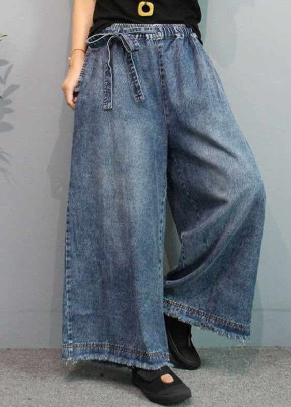 Blue Retro Pockets Tie Waist Fall Wide Leg Denim Pants