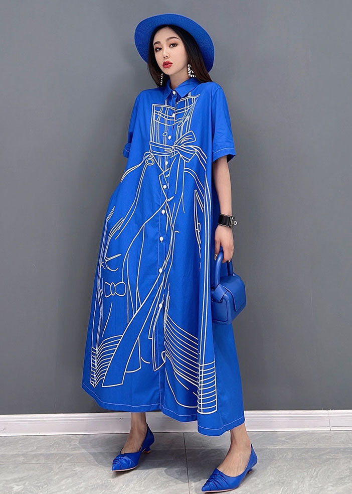 Blue Character Print Cotton Linen a Line Dress Oversized Short Sleeve