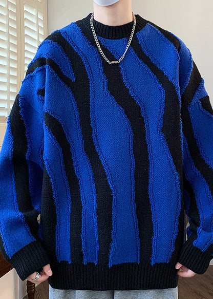 Blue Cozy Patchwork Knit Sweaters Pullover O Neck Winter