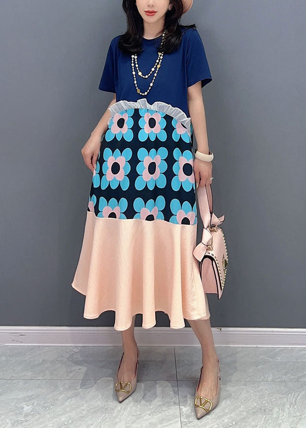 Blue Patchwork Cotton Dresses O-neck Ruffled Summer