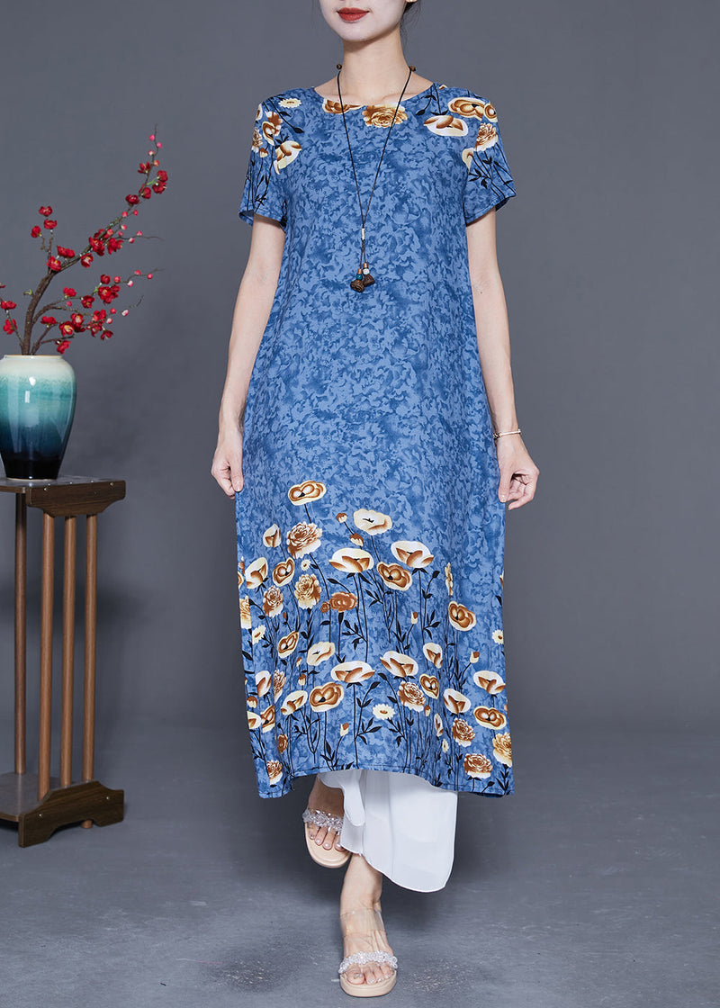 Blue Grey Print Cotton Long Dresses O-neck Oversized Summer