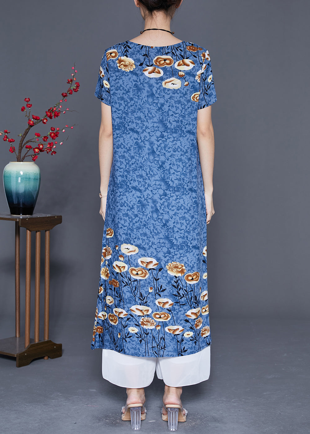Blue Grey Print Cotton Long Dresses O-neck Oversized Summer