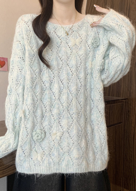 Blue Hollow Out Knit Knit Shirts O Neck Long Sleeve
