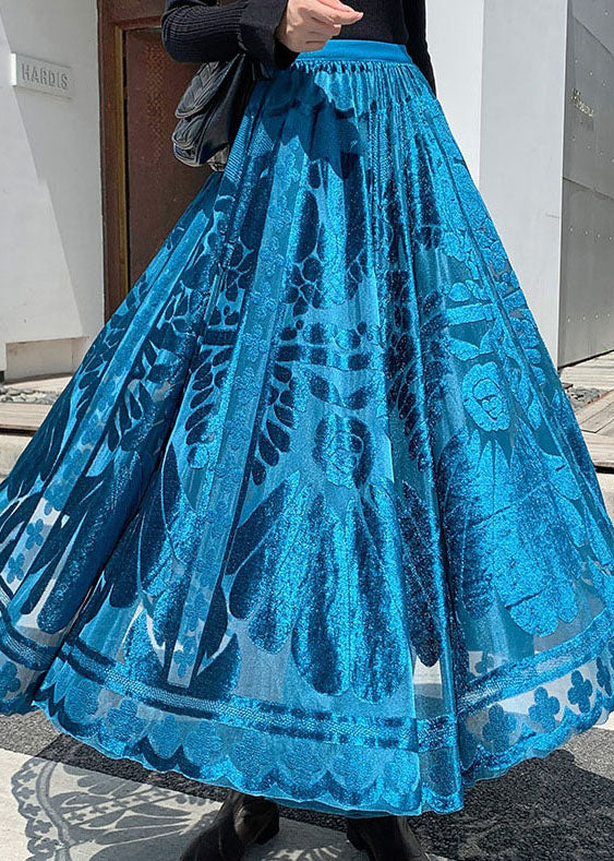 Blue Jacquard Velour Pleated Skirt Winter