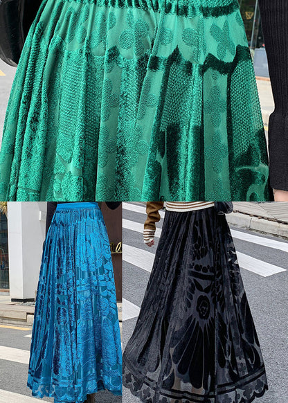 Blue Jacquard Velour Pleated Skirt Winter